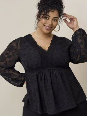 Torrid Babydoll Clip Floral Long Sleeve Top Deep Black Sheer  Size 2  2X 18-20